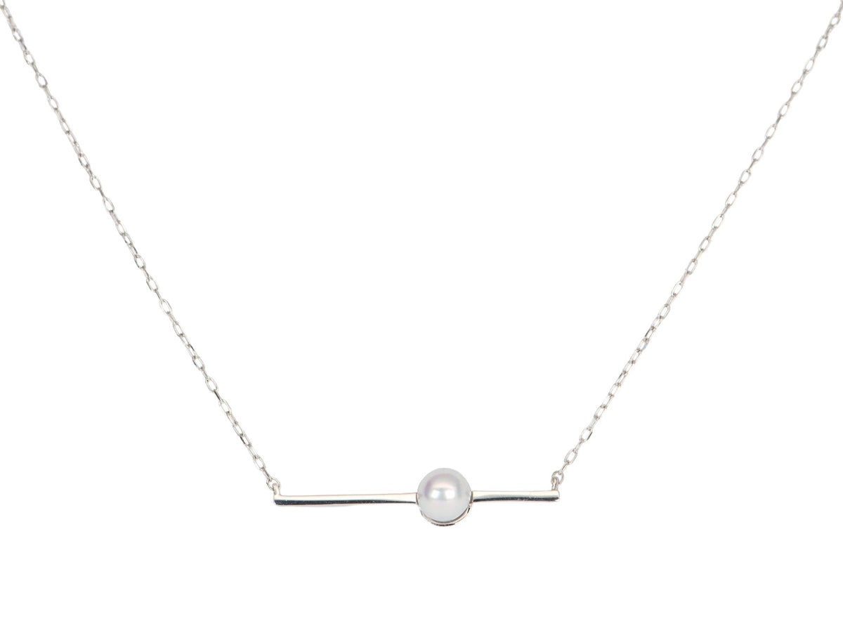 4.5mm Akoya Pearl Necklace 18K White Gold Adjustable Chain Full Round Pearl Bar Setting June AD2280 Aurora Designer