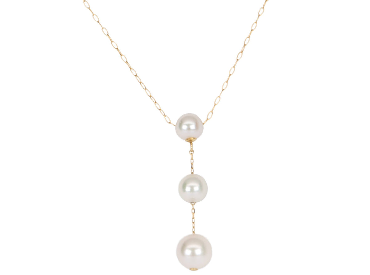 Akoya Three Pearl Necklace 18K Yellow Gold Chain Dangled Full Round Pearls June Birthstone AD2288 Aurora Designer