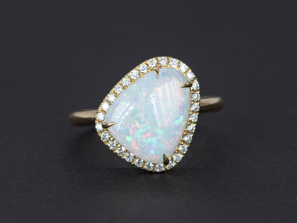 2.59ct Solid Australian Opal Diamond Halo Engagement Ring 14K Yellow Gold Flash of Fire AD2305 Aurora Designer