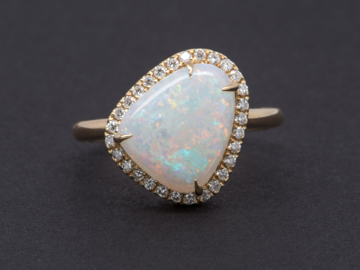 2.59ct Solid Australian Opal Diamond Halo Engagement Ring 14K Yellow Gold Flash of Fire AD2305 Aurora Designer