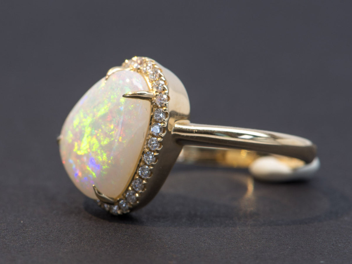 2.59ct Solid Australian Opal Diamond Halo Engagement Ring 14K Yellow Gold Flash of Fire AD2305 Aurora Designer