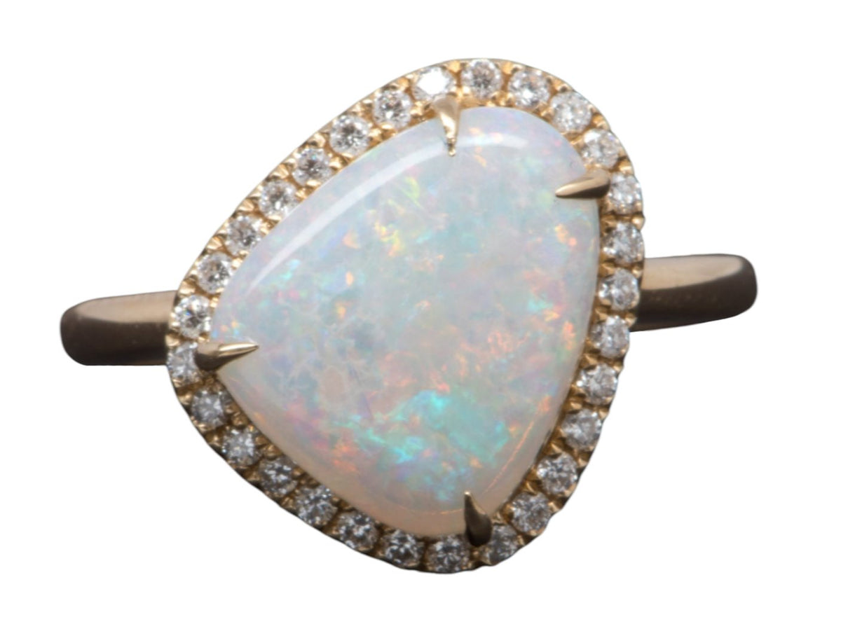 2.59ct Solid Australian Opal Diamond Halo Engagement Ring 14K Yellow Gold Flash of Fire AD2305 Aurora Designer