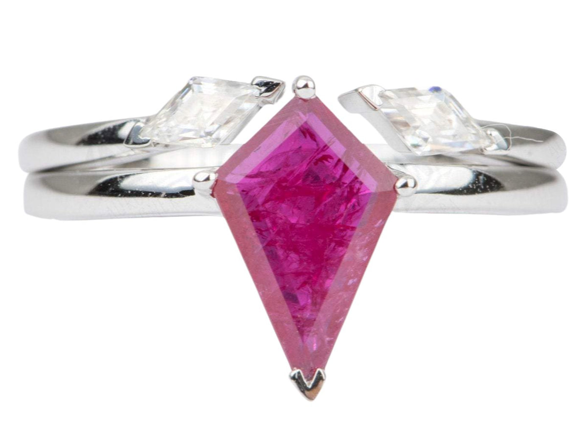 1.2ct Kite Shape Ruby Engagement Ring 14K White Gold Bridal Set Matching Open End Moissanite AD2331 Aurora Designer