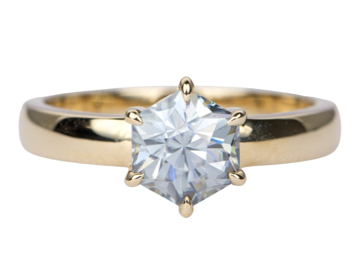 1.3ct Hexagon Gray Moissanite on Wide Band 14K Yellow Gold Engagement Ring AD2368 Aurora Designer