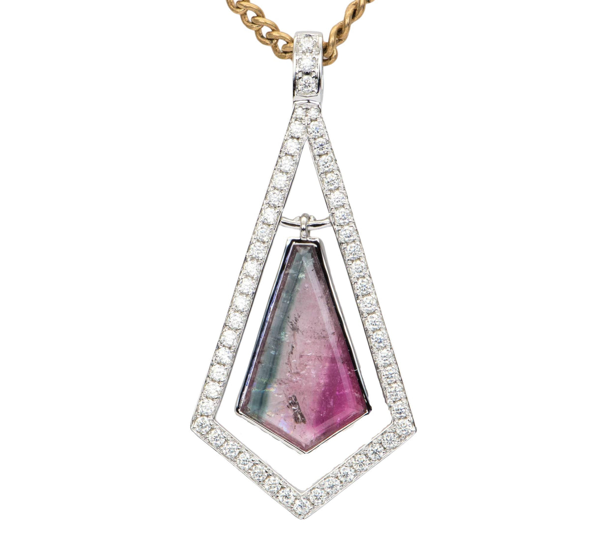 4.18ct Shield Shape Bi-Color Tourmaline 14K White Gold Pendant Moissanite Halo OOAK AD2376 Aurora Designer
