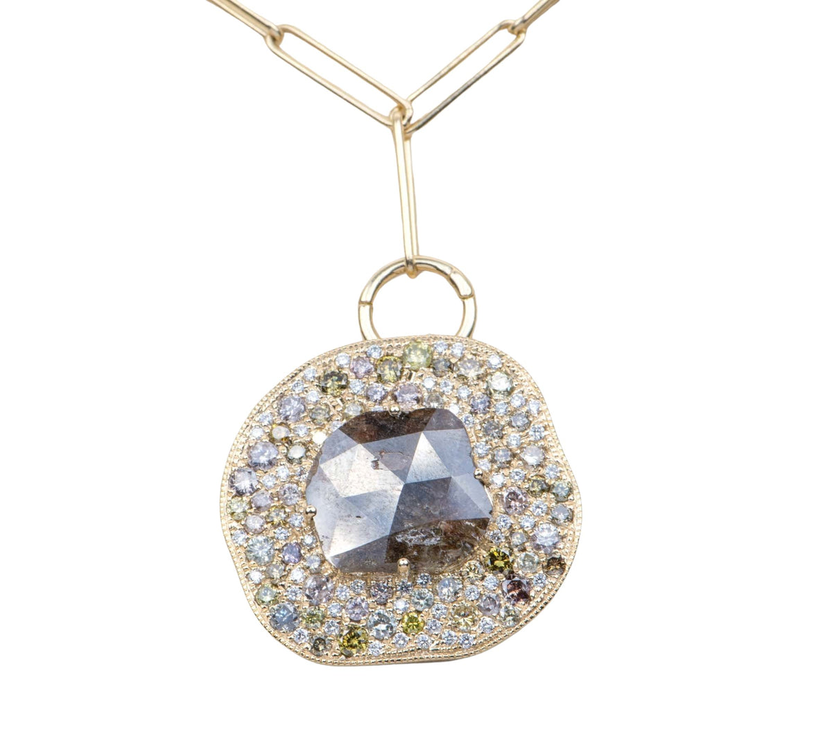 2.65ct Diamond Slice Wide Diamond Halo Pendant 14K Yellow Gold Necklace Pendant OOAK Gift AD2379 Aurora Designer