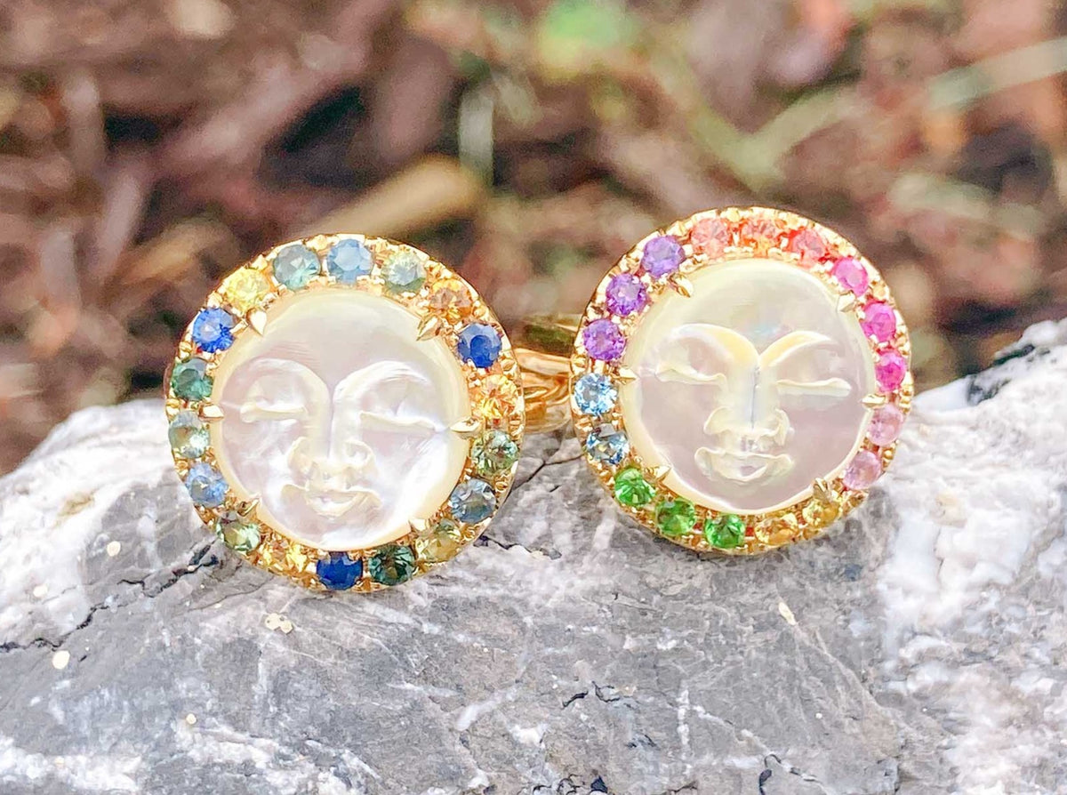 Carved Mother of Pearl Sun Moon Face Disk Ring with Rainbow Sapphire Halo 9K Gold R6368 Aurora Designer