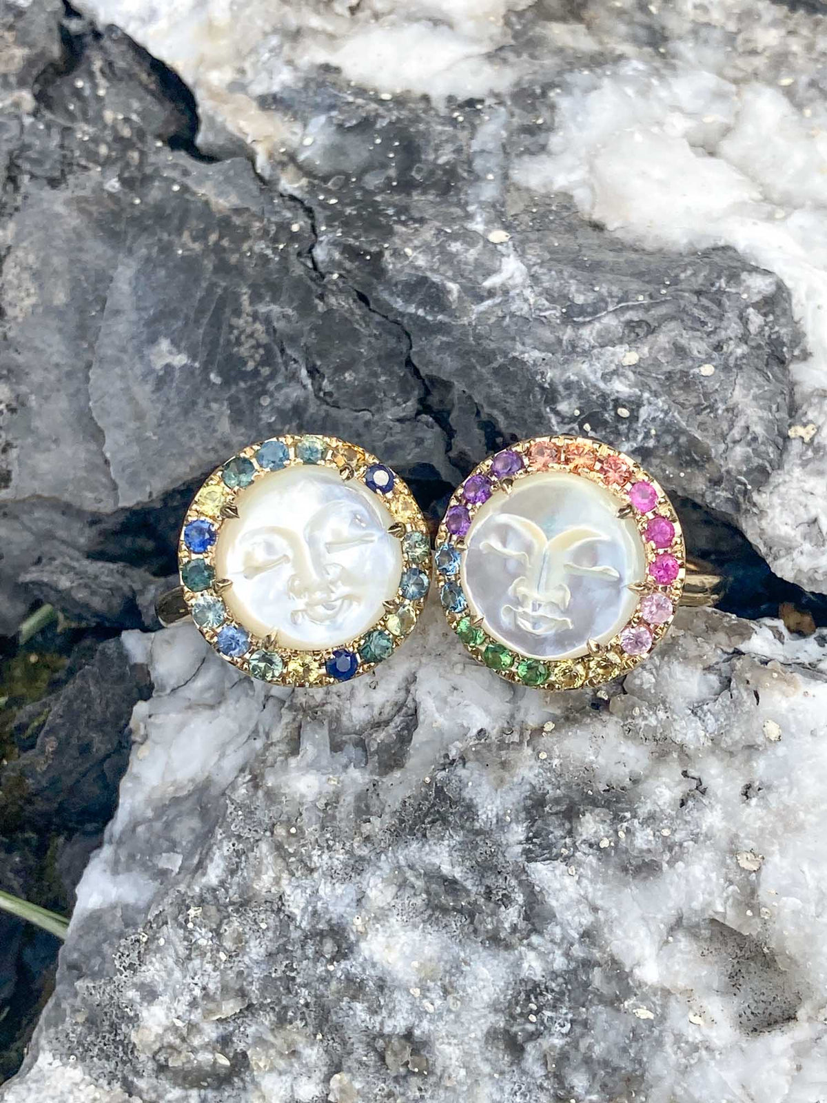 Carved Mother of Pearl Sun Moon Face Disk Ring with Rainbow Sapphire Halo 9K Gold R6368 Aurora Designer