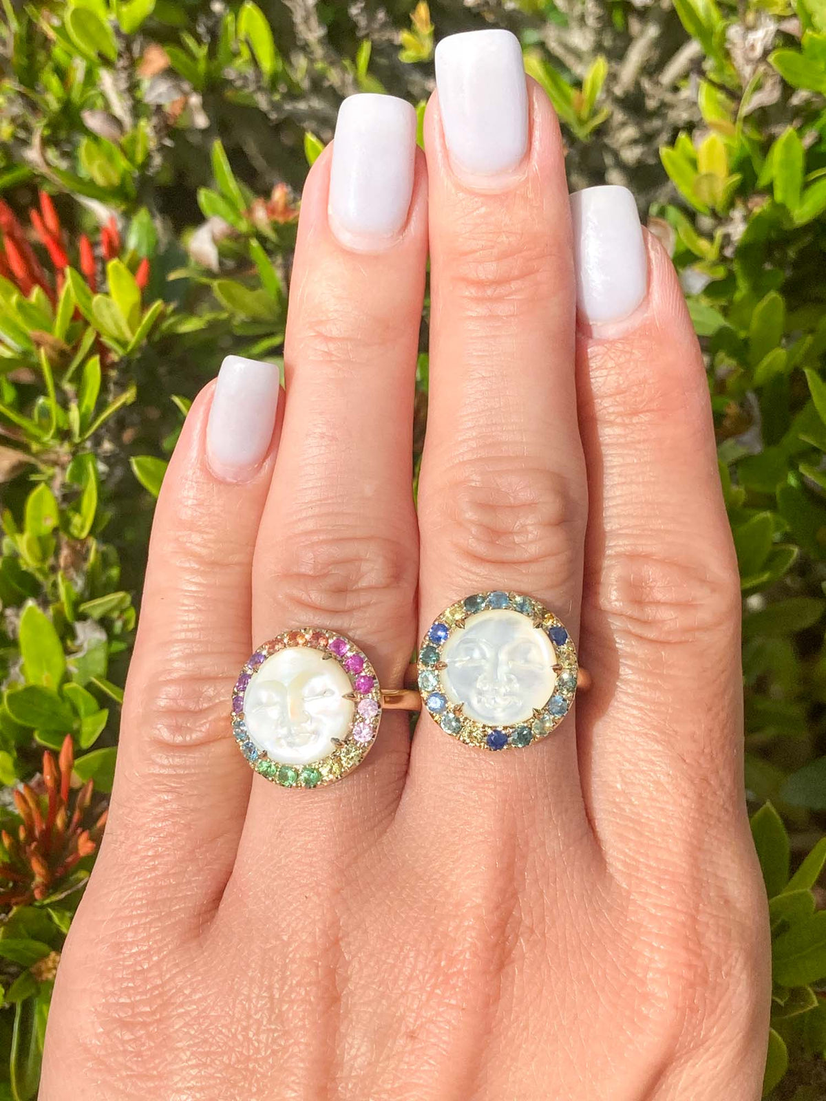 Carved Mother of Pearl Sun Moon Face Disk Ring with Rainbow Sapphire Halo 9K Gold R6368 Aurora Designer