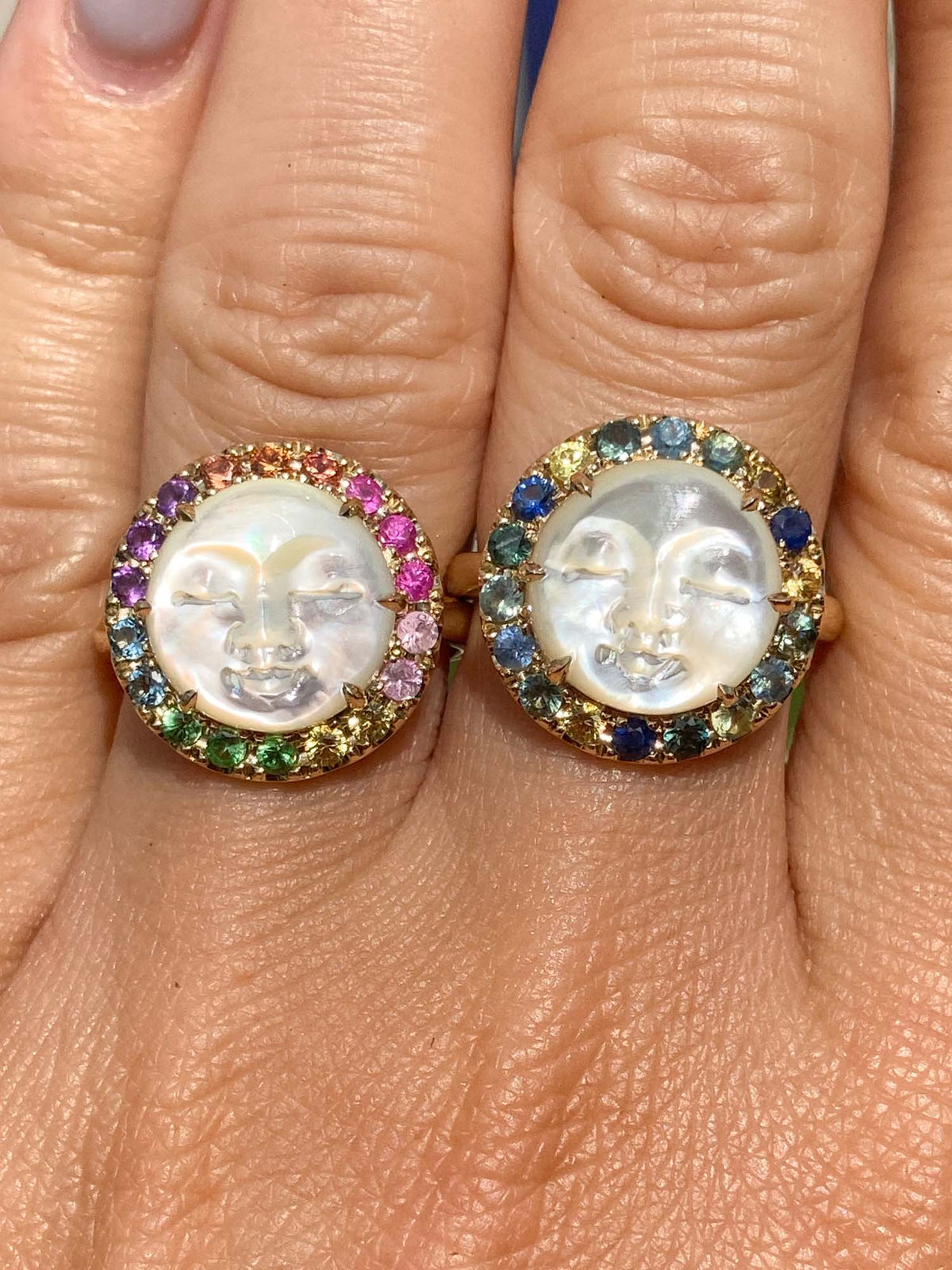 Carved Mother of Pearl Sun Moon Face Disk Ring with Rainbow Sapphire Halo 9K Gold R6368 Aurora Designer