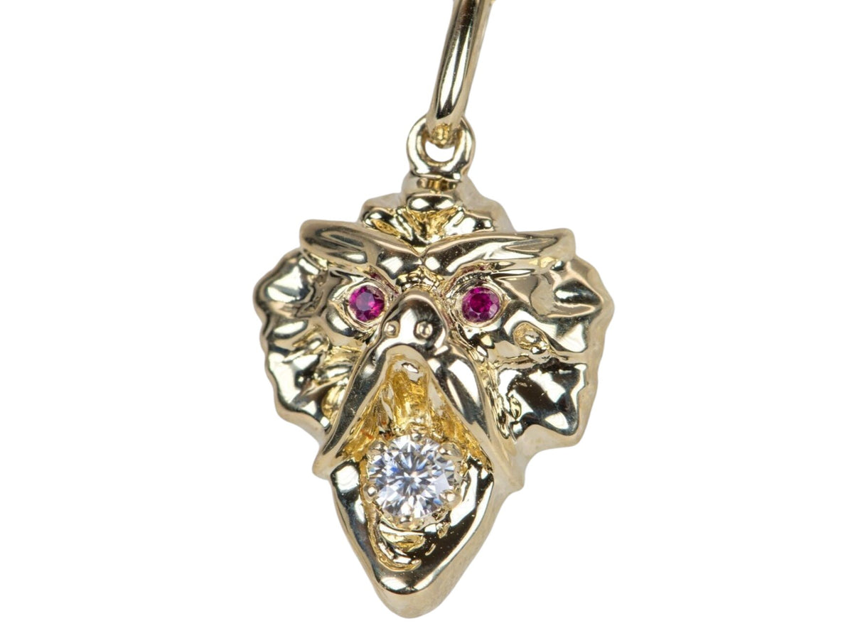 Vintage Inspired Griffin Pendant Solid 9K Gold Ruby Eyes Moissanite Mouth M4009 Aurora Designer