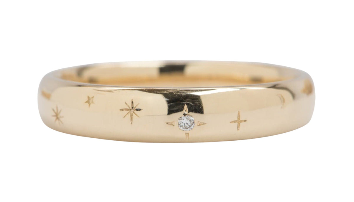 4mm Wide Diamond and Stars 14K Gold Wedding Band M5011 Aurora Designer