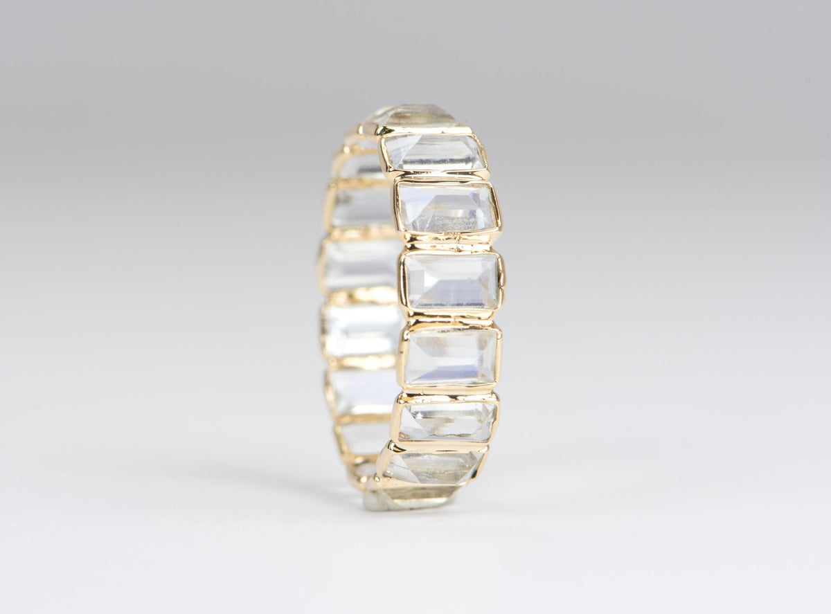 Inverted Rectangle Rainbow Moonstone Wedding Band 14K Gold M5012 Aurora Designer