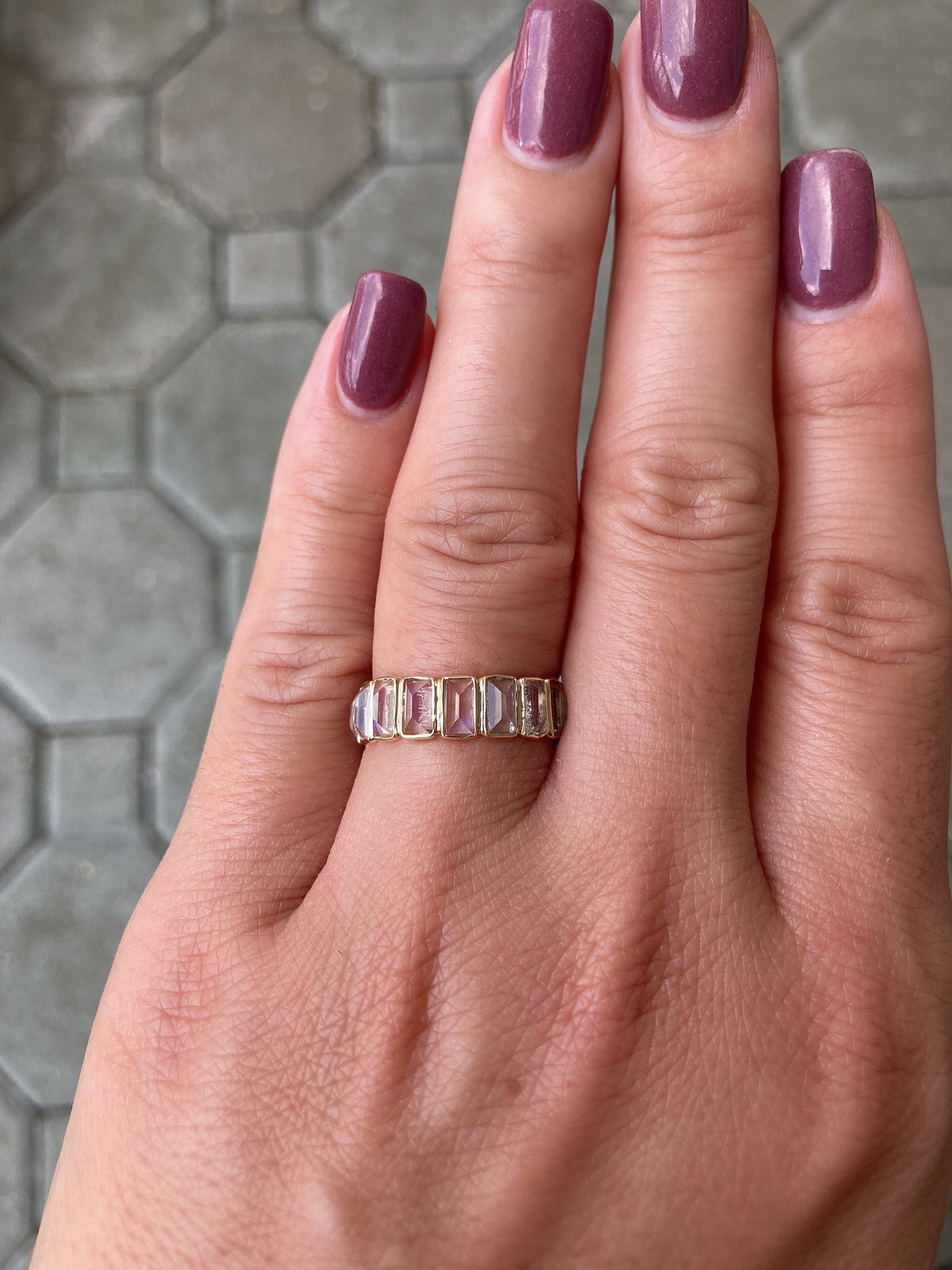 Inverted Rectangle Rainbow Moonstone Wedding Band 14K Gold M5012 Aurora Designer