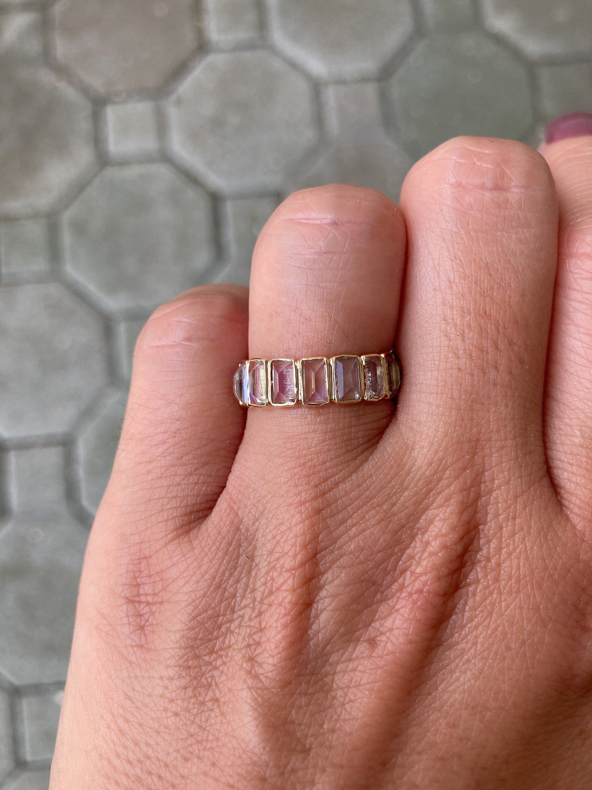 Inverted Rectangle Rainbow Moonstone Wedding Band 14K Gold M5012 Aurora Designer