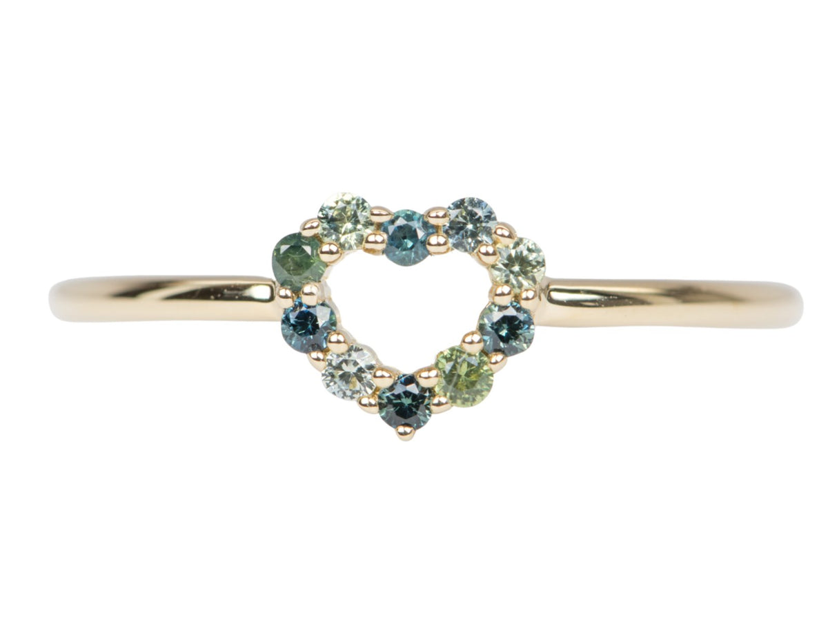 Dainty Heart-Shape Blue Green Sapphire Ring 14K Yellow Gold M6003 Aurora Designer