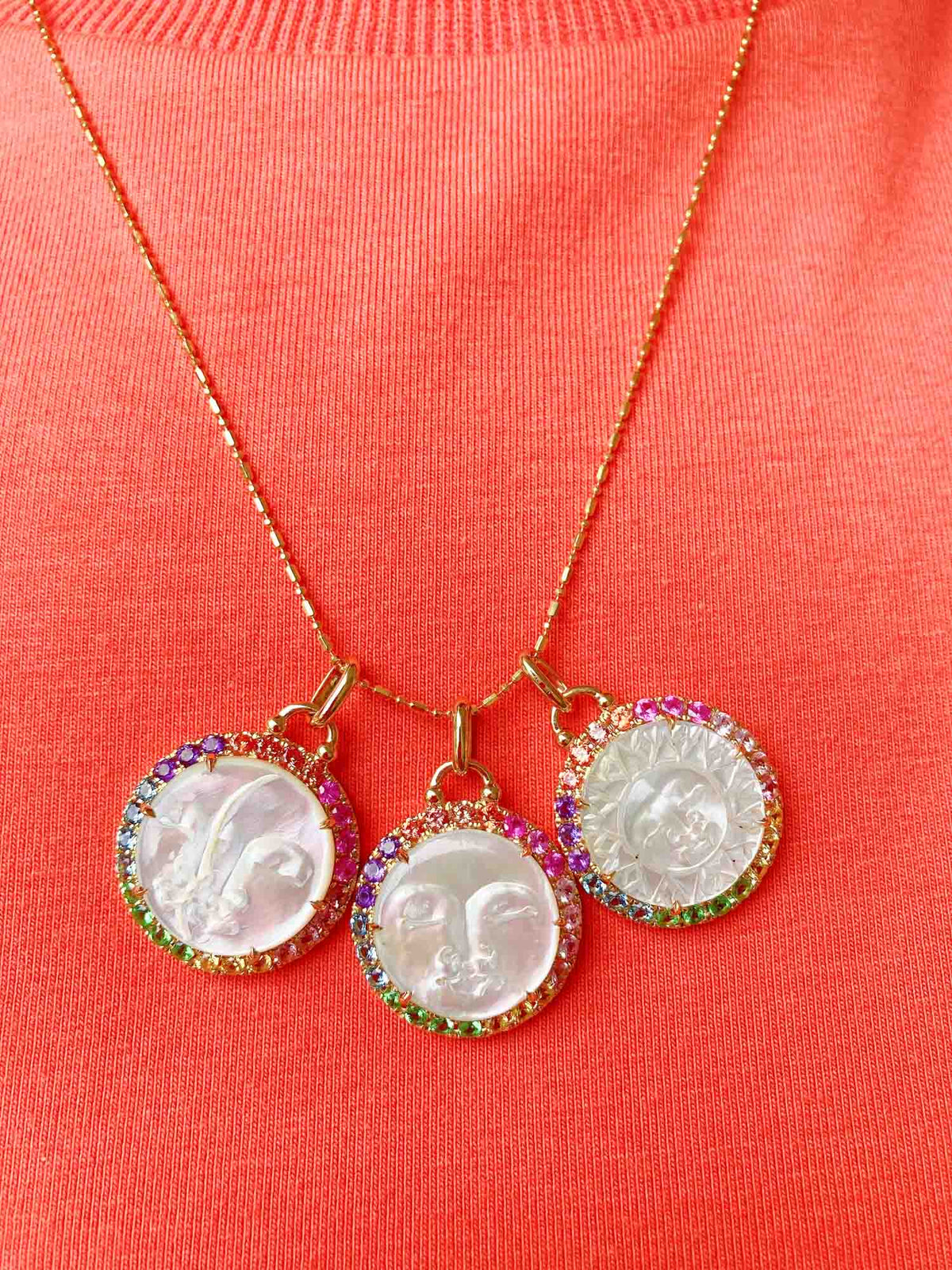 Carved Mother of Pearl Sun and Moon Face Disk Pendant with Rainbow Gemstone Halo 9K Yellow Gold R4172 Aurora Designer