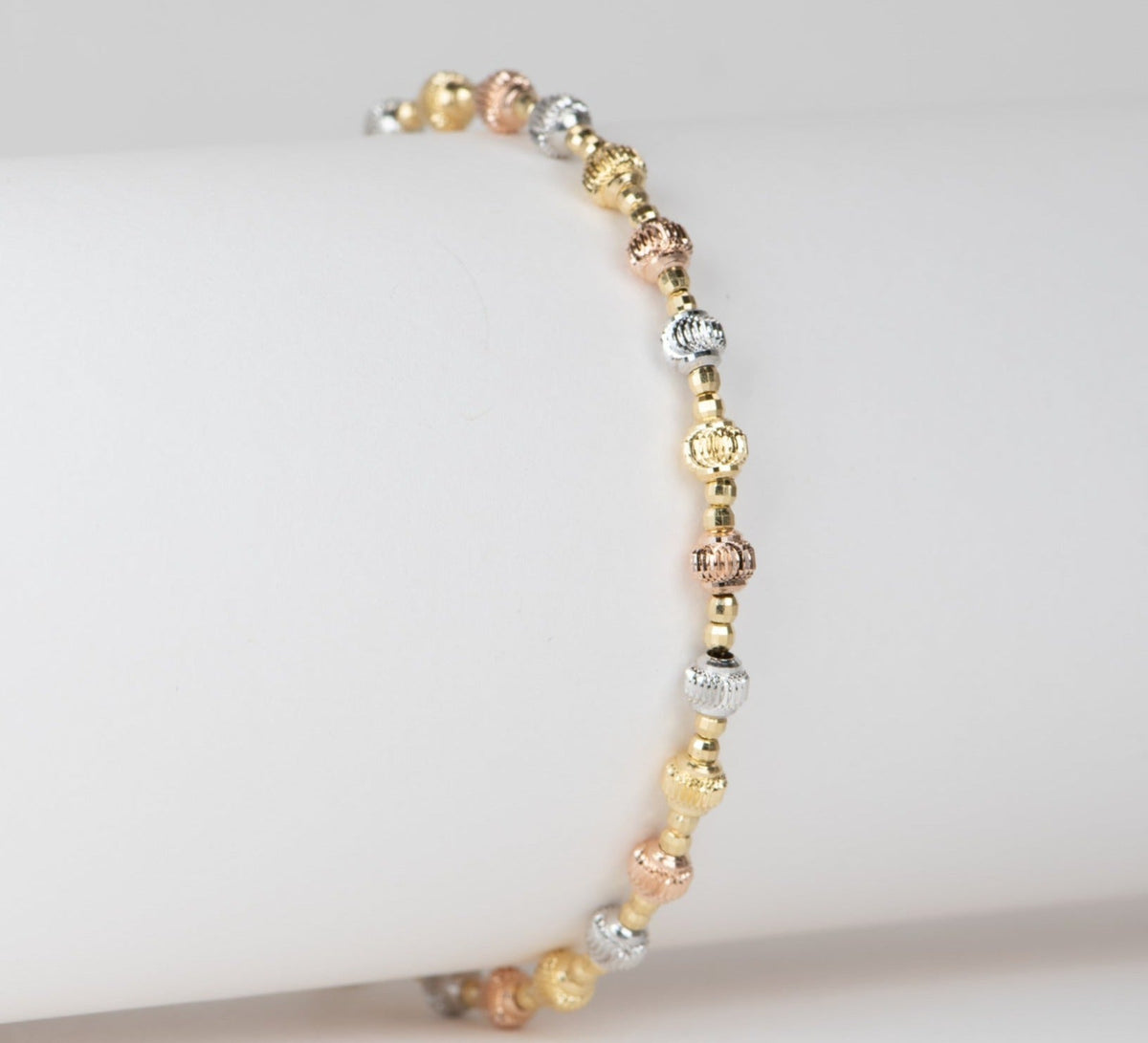 Tri-Color Solid 18K Gold Diamond Cut Sparkly Bead Bracelet 4.9g R2053 Aurora Designer