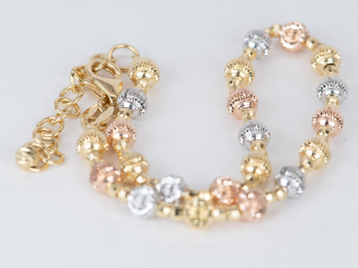 Tri-Color Solid 18K Gold Diamond Cut Sparkly Bead Bracelet 4.9g R2053 Aurora Designer