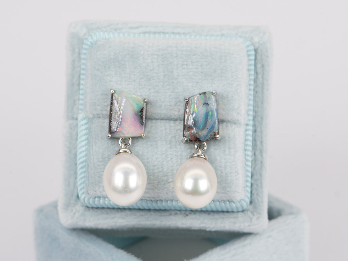 Solid Australian Boulder Opal with Freshwater Pearl Earrings 14K White Gold R3071 Aurora Designer
