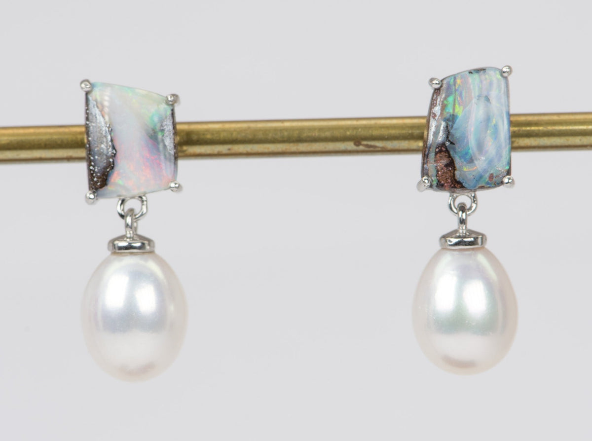 Solid Australian Boulder Opal with Freshwater Pearl Earrings 14K White Gold R3071 Aurora Designer