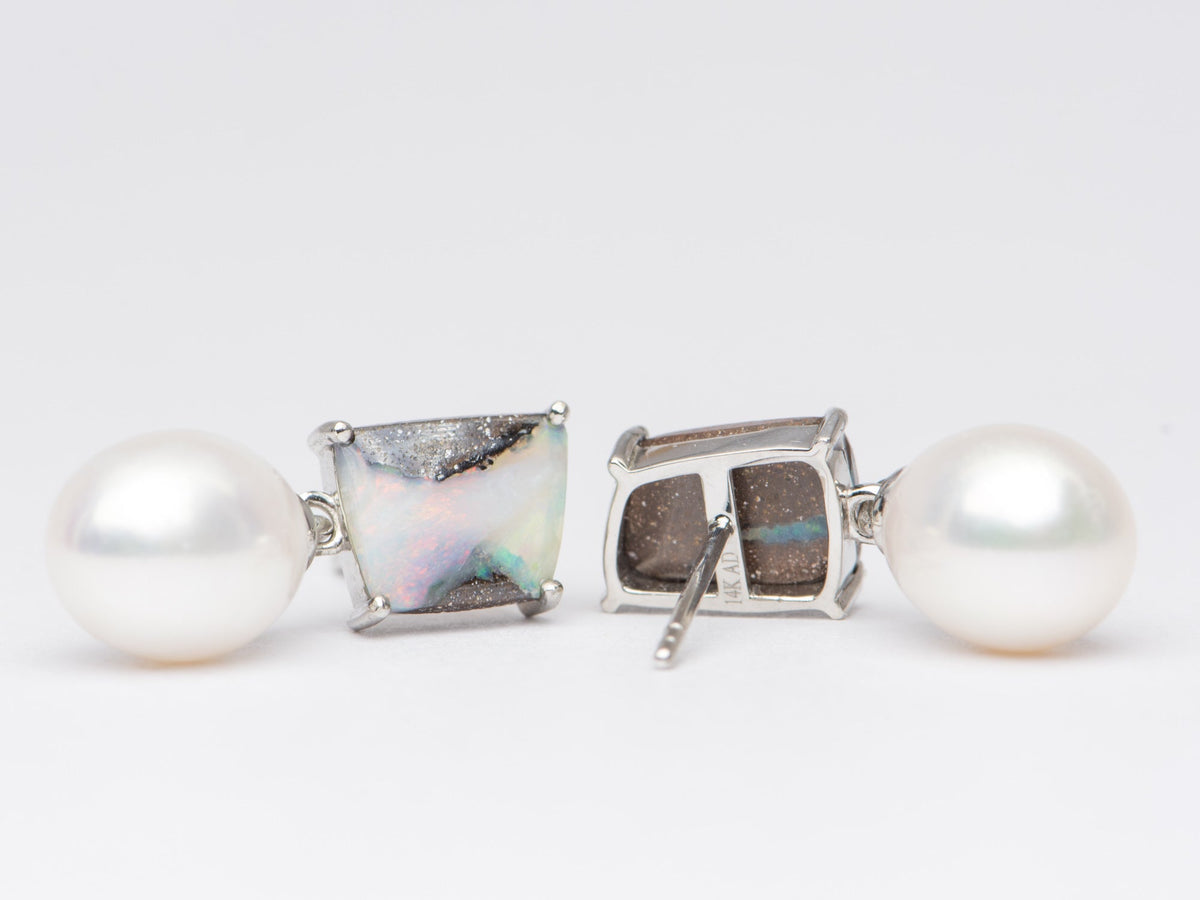 Solid Australian Boulder Opal with Freshwater Pearl Earrings 14K White Gold R3071 Aurora Designer