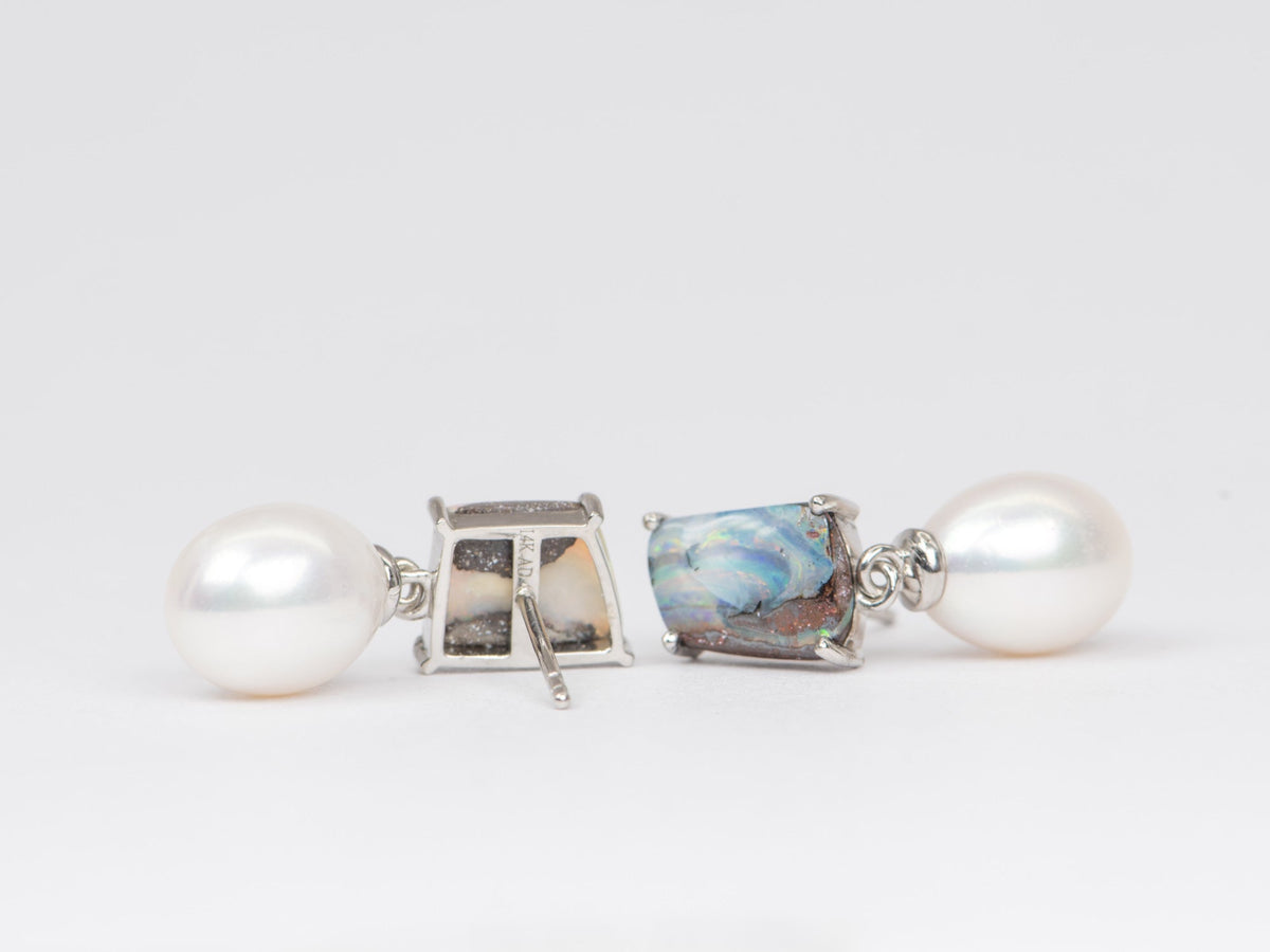 Solid Australian Boulder Opal with Freshwater Pearl Earrings 14K White Gold R3071 Aurora Designer