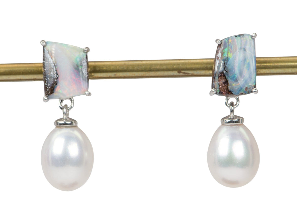 Solid Australian Boulder Opal with Freshwater Pearl Earrings 14K White Gold R3071 Aurora Designer