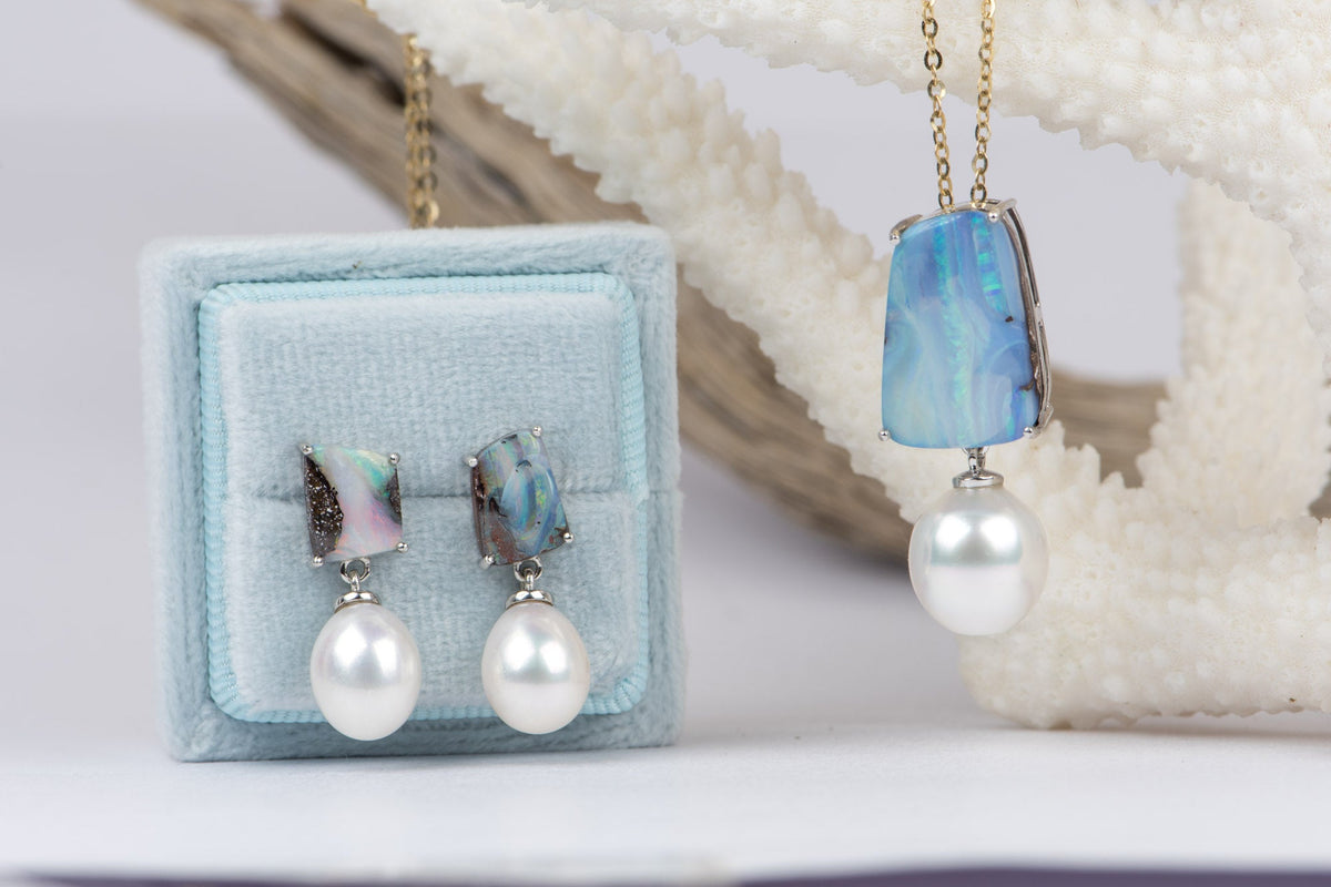 Solid Australian Boulder Opal with Freshwater Pearl Earrings 14K White Gold R3071 Aurora Designer