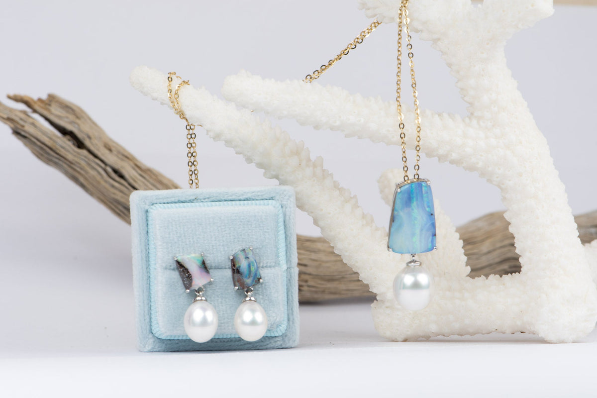 Solid Australian Boulder Opal with Freshwater Pearl Earrings 14K White Gold R3071 Aurora Designer