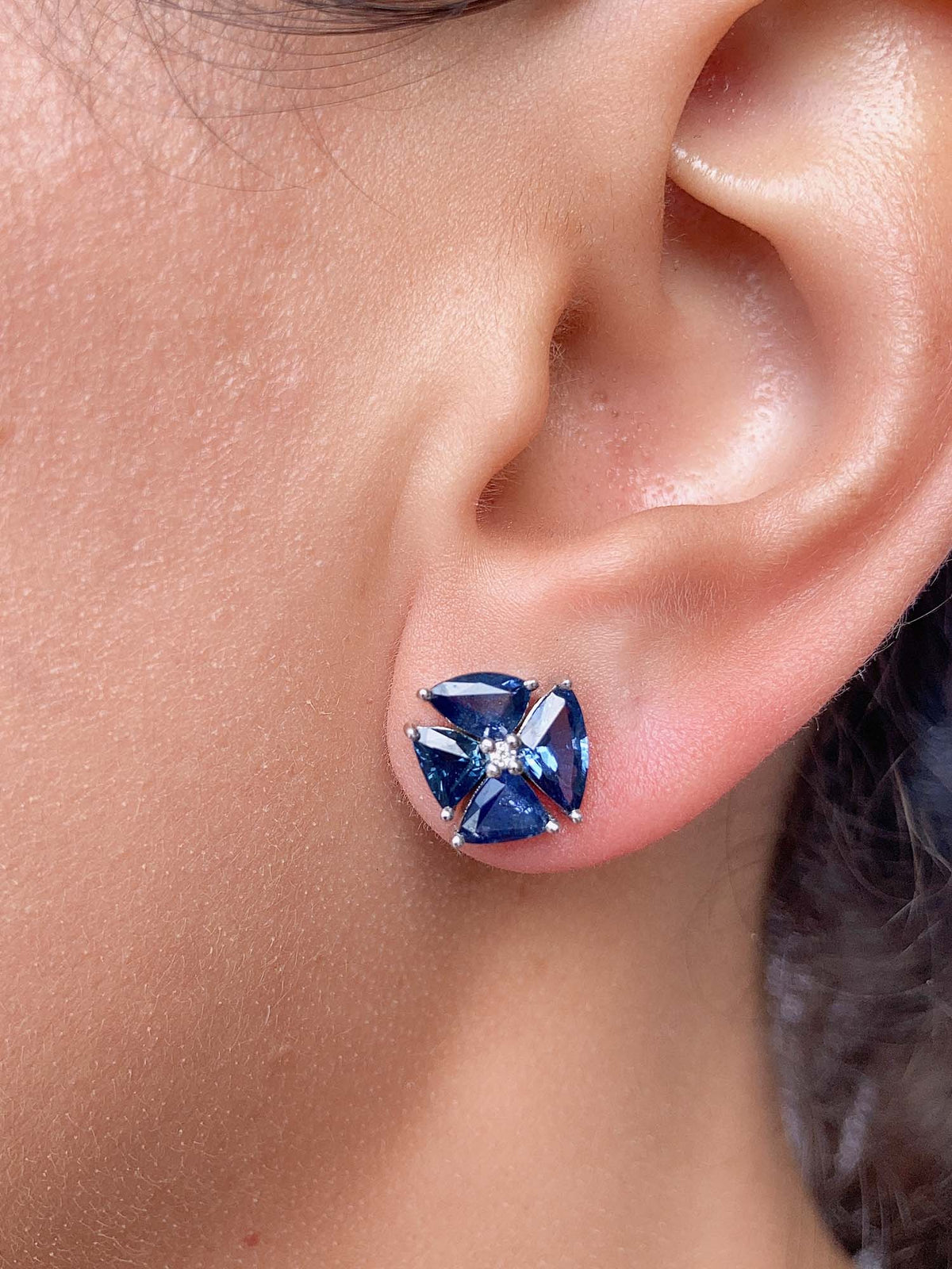Stunning Royal Blue Sapphire and Diamond Cluster Earrings 14K White Gold R3080 Aurora Designer