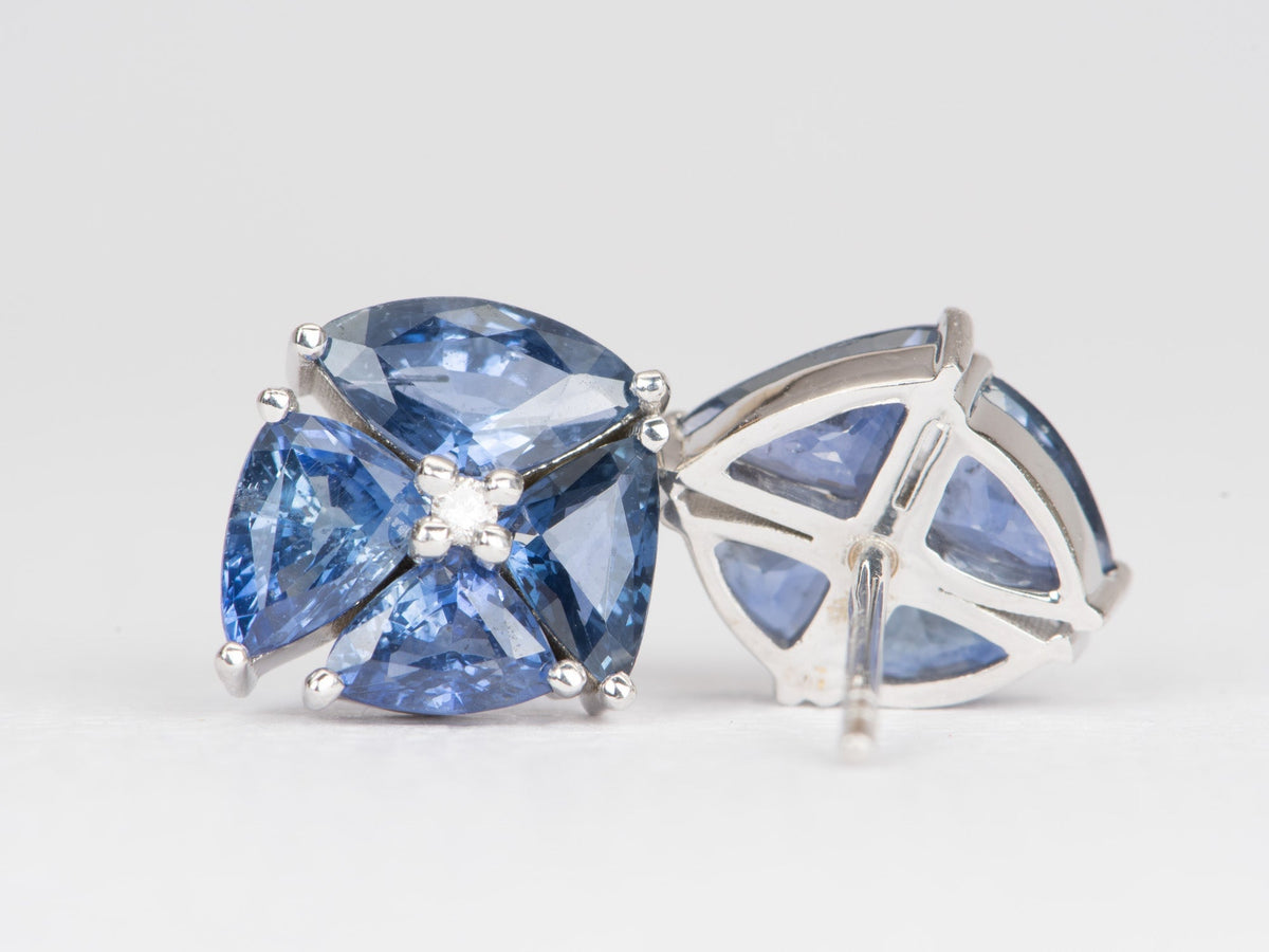 3.45ct Blue Sapphire and Diamond Cluster Earrings 14K White Gold R3080 Aurora Designer