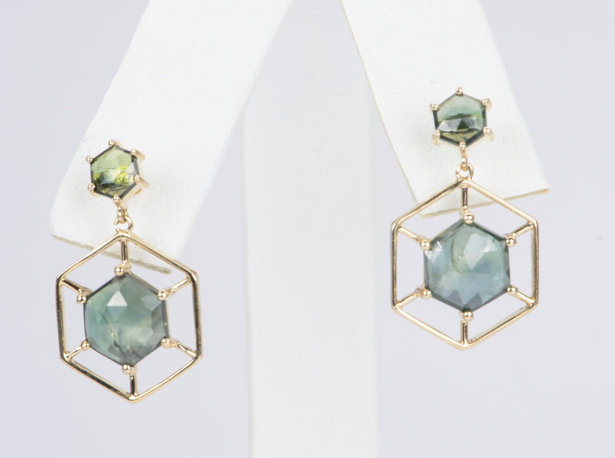3.49ctw Rose Cut Hexagon Madagascar Sapphire Dangle Earrings 9K Gold R3099 Aurora Designer