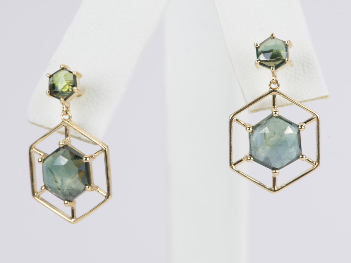 3.49ctw Rose Cut Hexagon Madagascar Sapphire Dangle Earrings 9K Gold R3099 Aurora Designer