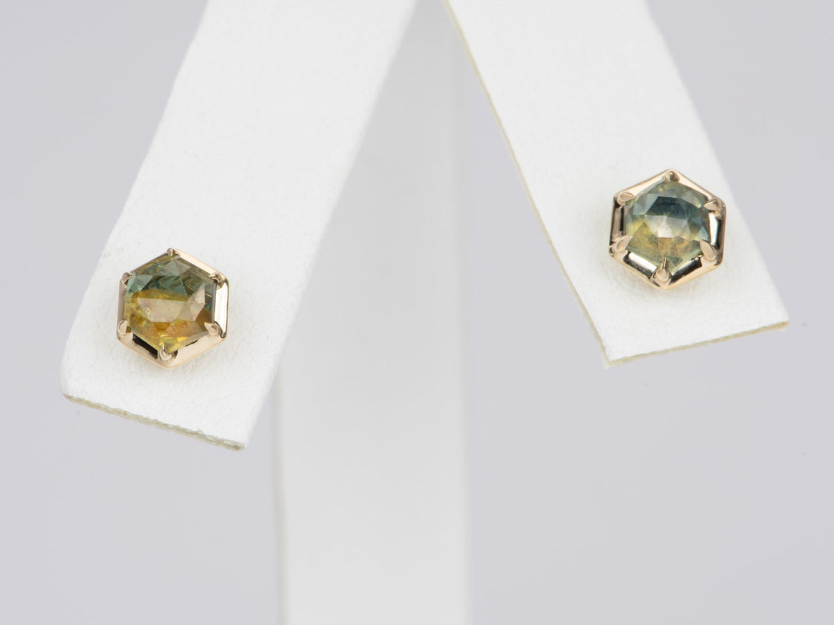 Rose Cut Hexagon Madagascar Sapphire Ear Studs 14K Gold R3100 Aurora Designer