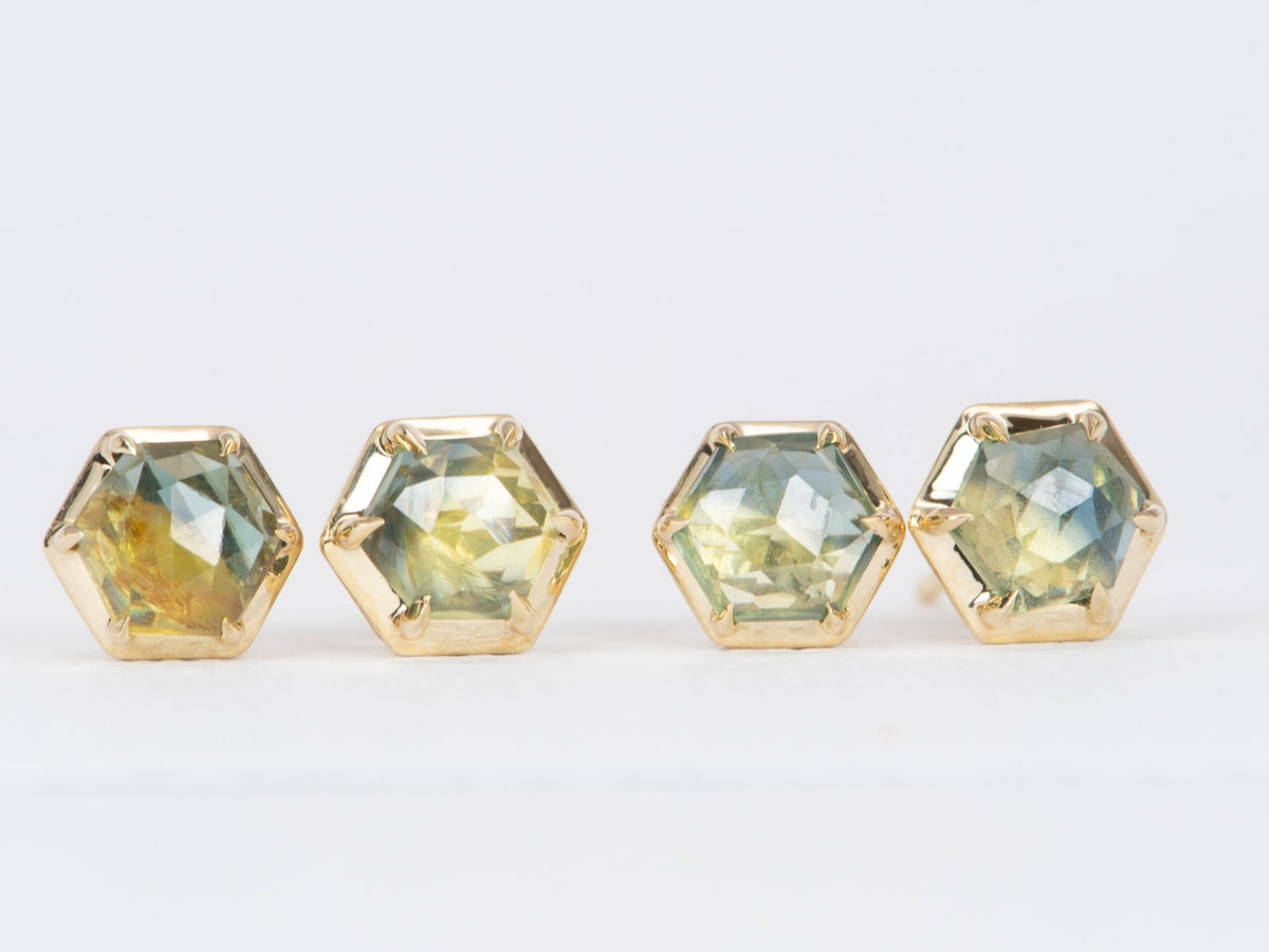 Rose Cut Hexagon Madagascar Sapphire Ear Studs 14K Gold R3100 Aurora Designer