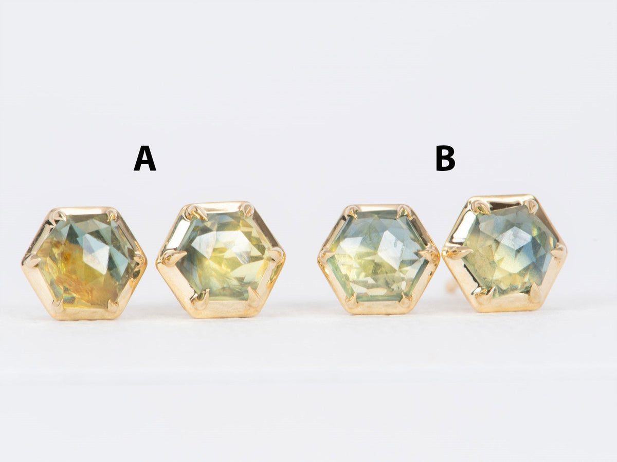 Rose Cut Hexagon Madagascar Sapphire Ear Studs 14K Gold R3100 Aurora Designer
