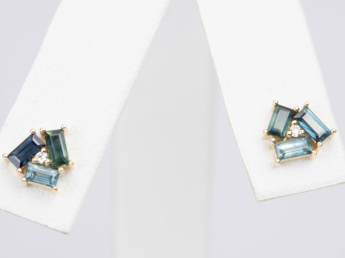 Baguette Teal Blue Sapphire and Diamond Earrings 14K Gold R3101 Aurora Designer
