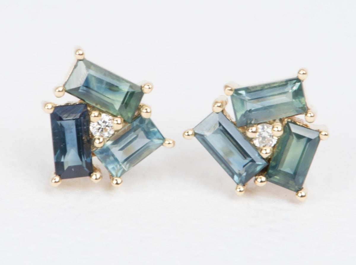 Baguette Teal Blue Sapphire and Diamond Earrings 14K Gold R3101 Aurora Designer