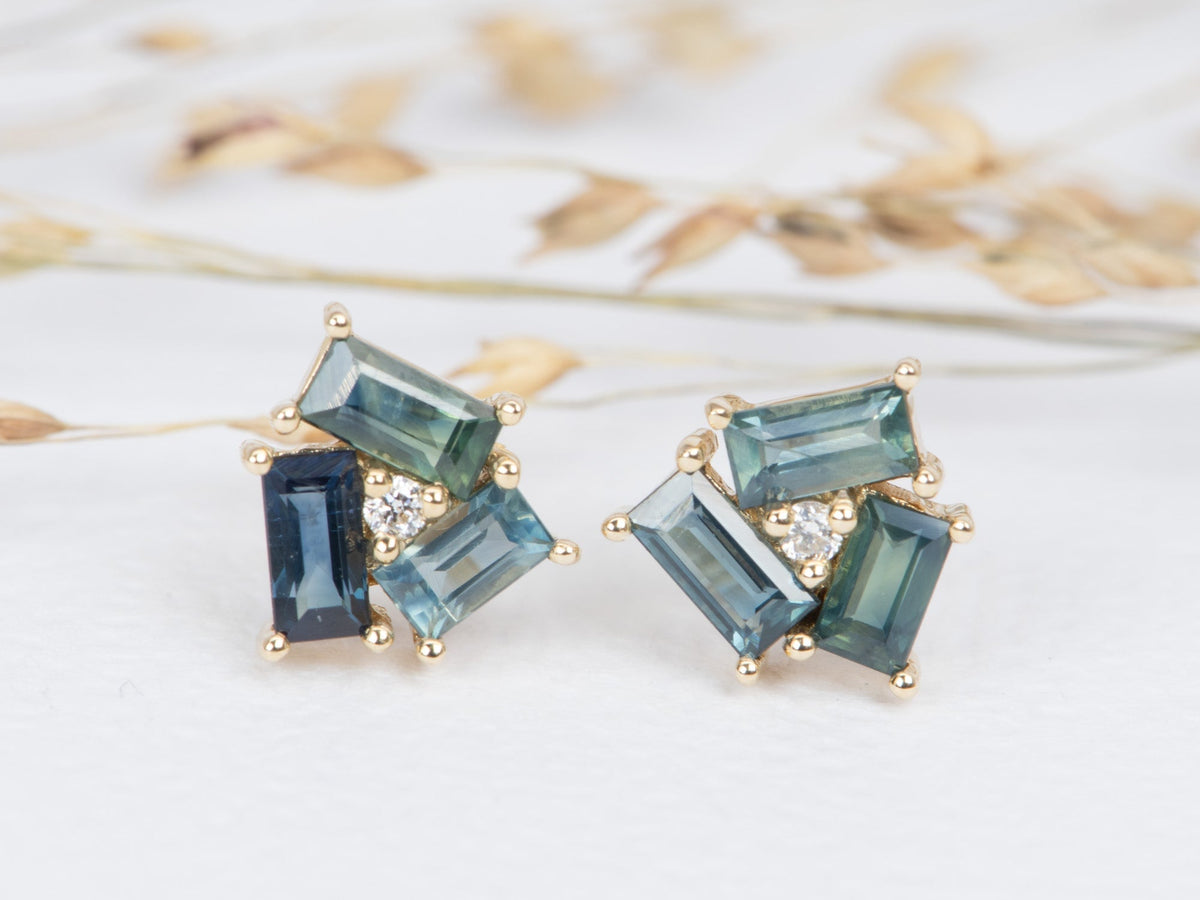 Baguette Teal Blue Sapphire and Diamond Earrings 14K Gold R3101 Aurora Designer