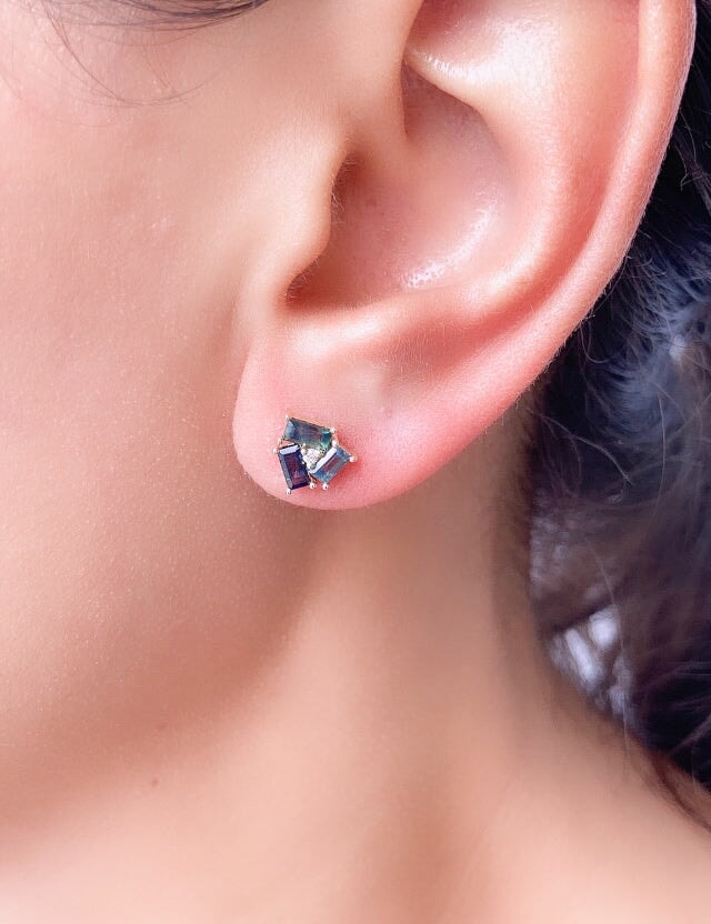 Baguette Teal Blue Sapphire and Diamond Earrings 14K Gold R3101 Aurora Designer
