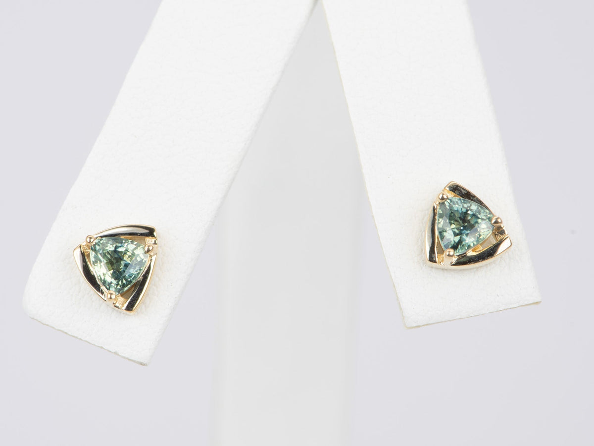 Triangle Teal Sapphire Wind Spinner Earrings 14K Gold R3105 Aurora Designer