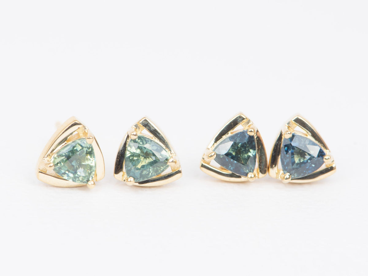 Triangle Teal Sapphire Wind Spinner Earrings 14K Gold R3105 Aurora Designer