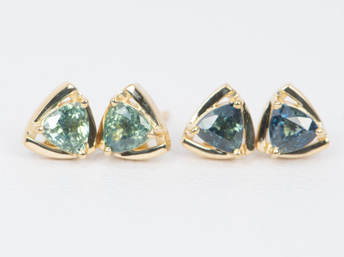Triangle Teal Sapphire Wind Spinner Earrings 14K Gold R3105 Aurora Designer