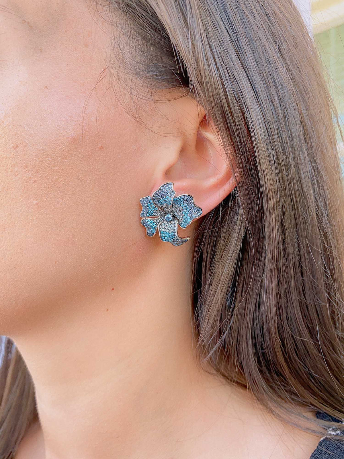 Ombre Color Blue Topaz Flower Earrings Sterling Silver R3125 Aurora Designer