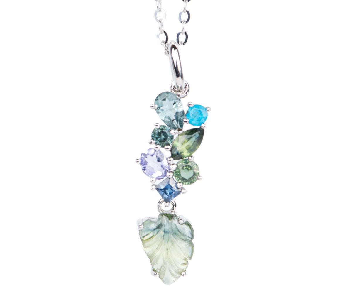Unique 14K White Gold Cluster Pendant with Sapphire Tourmaline Apatite Tanzanite Carved Leaf R4084 Aurora Designer