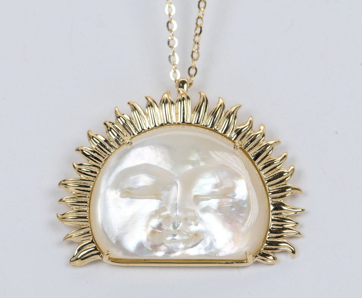 Large Mother of Pearl Carved Face with Golden Sunray Halo Pendant 9K Gold R4107 Aurora Designer