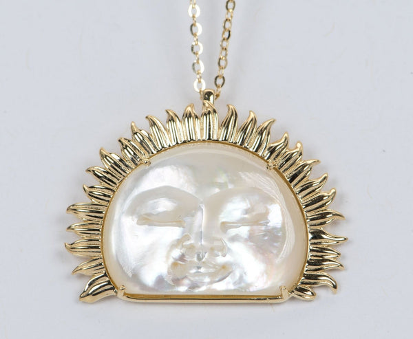 ★HARANG★ HR 68N_Mother of Pearl Sun Carved Necklace Carved Mother of Pearl Sun and Moon Face Disk Pendant with