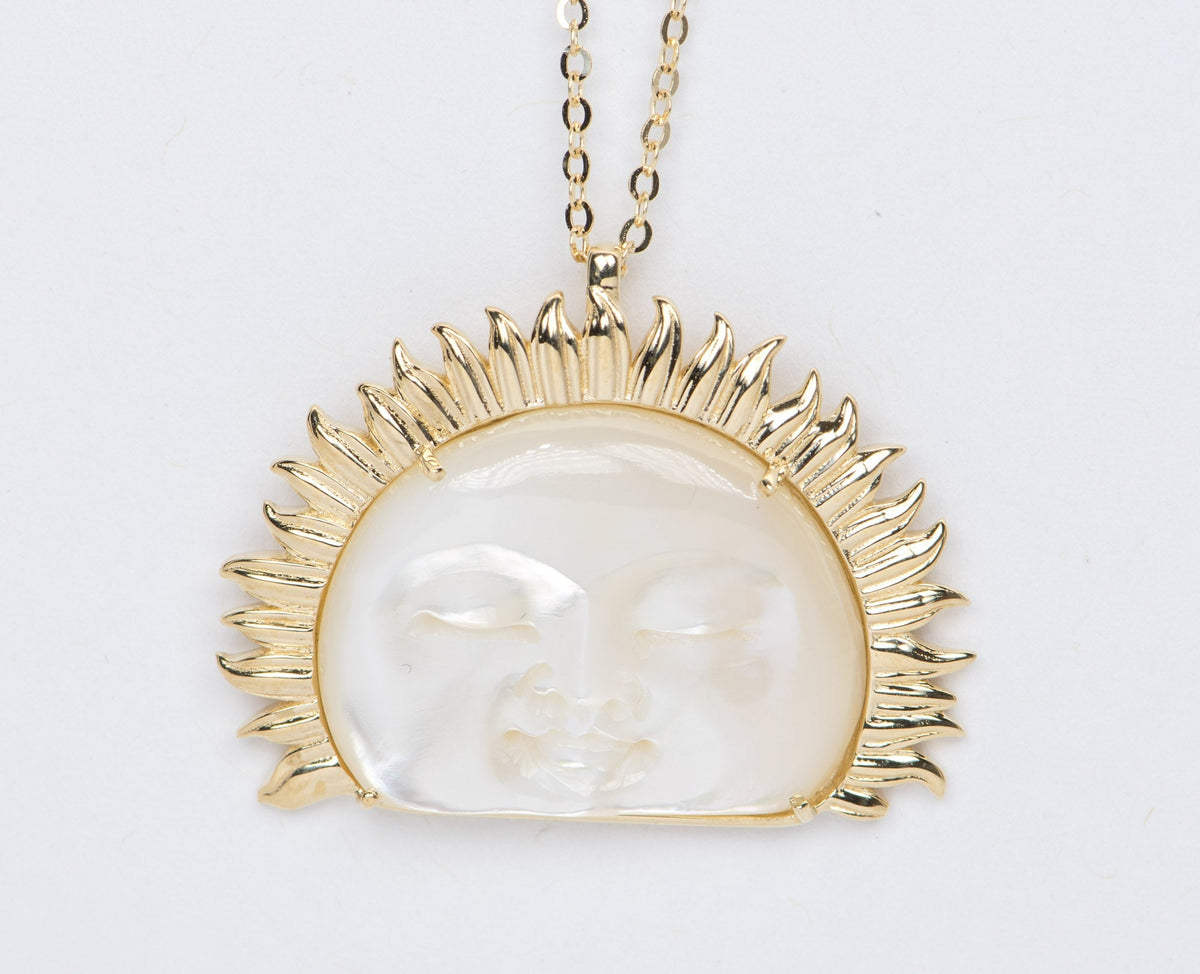 Large Mother of Pearl Carved Face with Golden Sunray Halo Pendant 9K Gold R4107 Aurora Designer