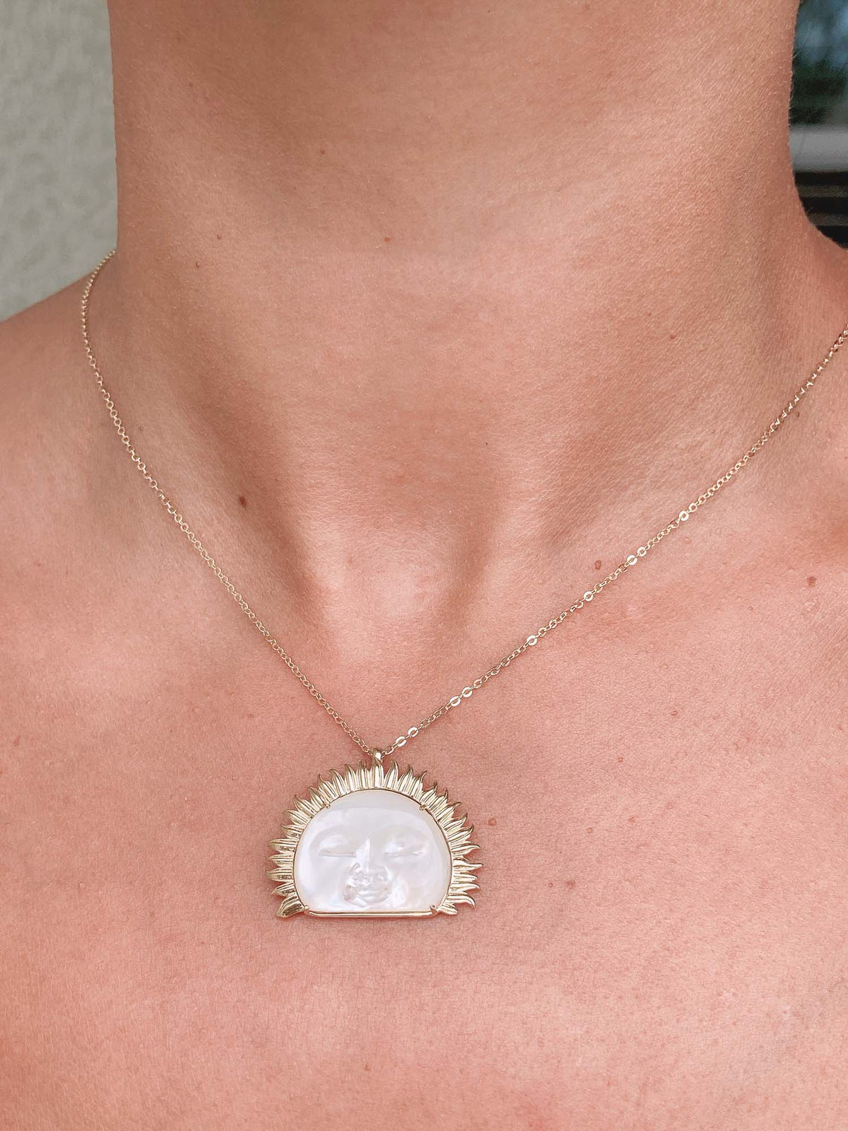 Large Mother of Pearl Carved Face with Golden Sunray Halo Pendant 9K Gold R4107 Aurora Designer